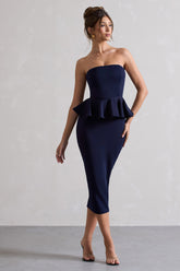 Navy Bodycon Bandeau Midi Dress With Peplum Detail